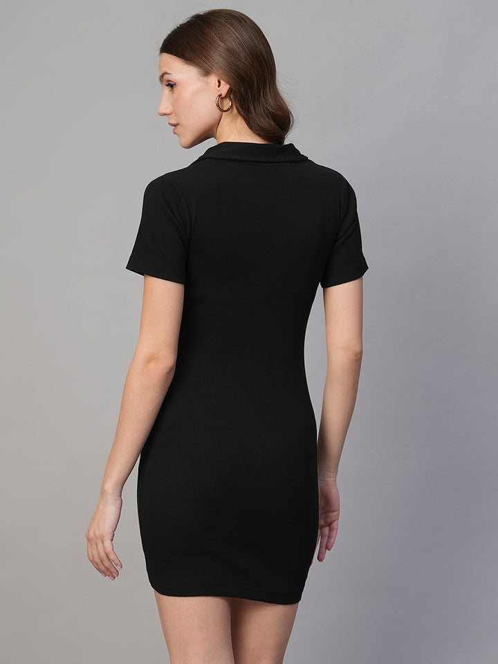 Pronk Ribbed Half Sleeve Collared Bodycon - Black