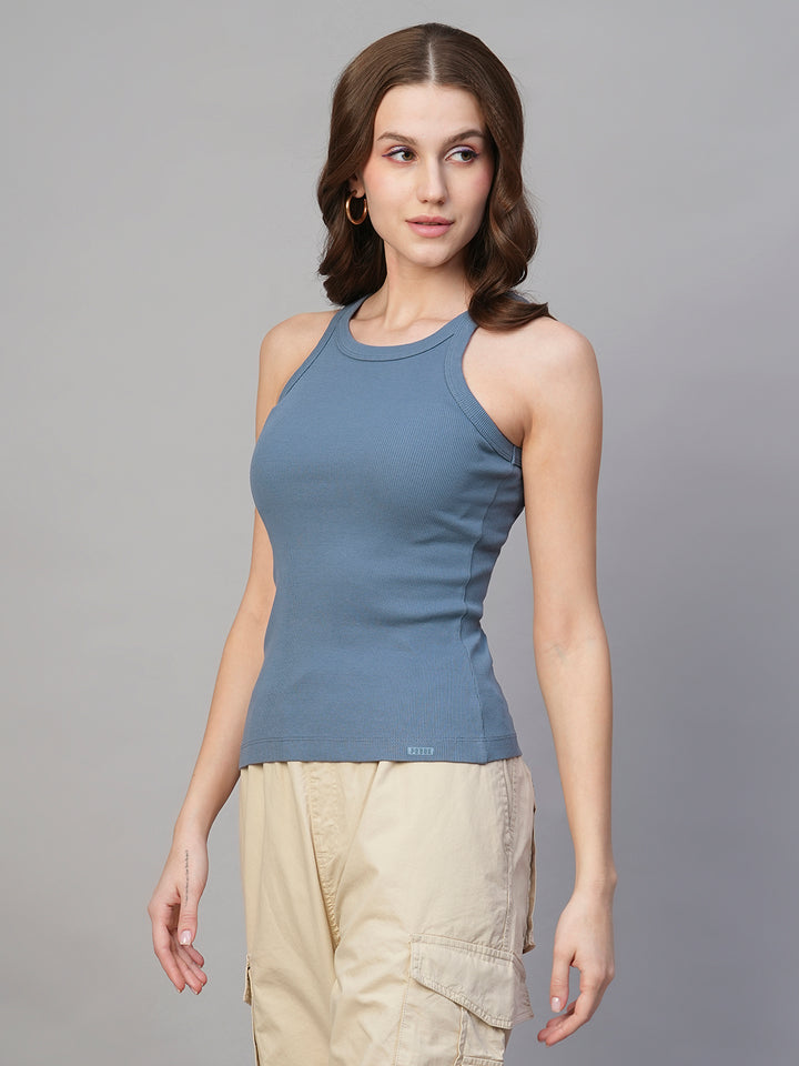 Pronk Ribbed Sleeveless Tank - Denim Blue