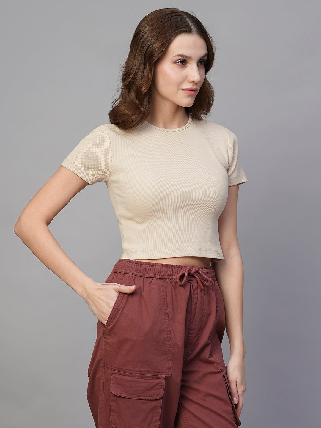 Pronk Ribbed Half Sleeve Crop Top - Off White