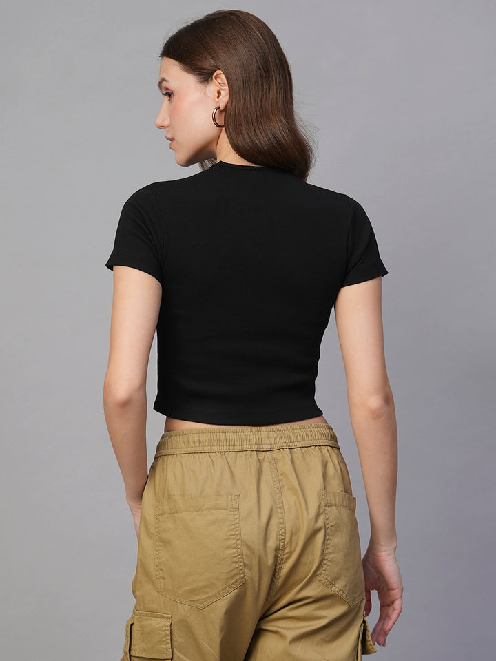 Pronk Ribbed Half Sleeve Crop Top - Black