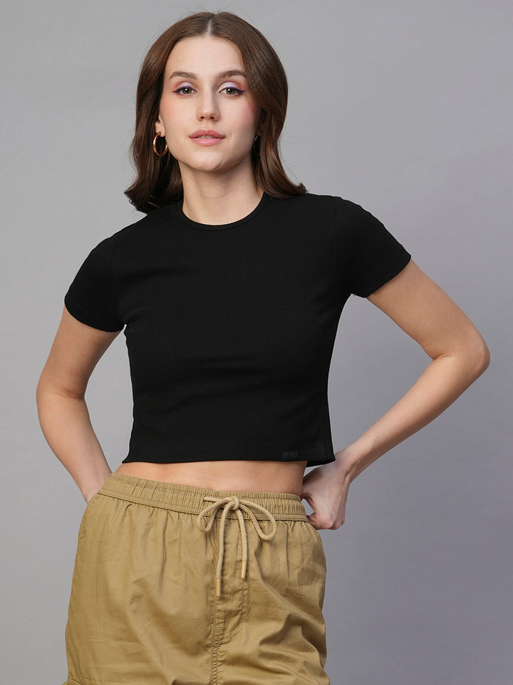 Pronk Ribbed Half Sleeve Crop Top - Black