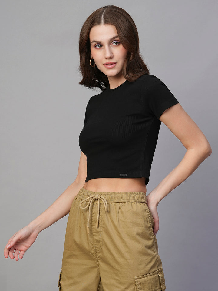 Pronk Ribbed Half Sleeve Crop Top - Black