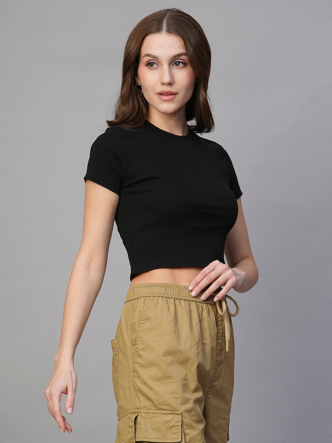 Pronk Ribbed Half Sleeve Crop Top - Black