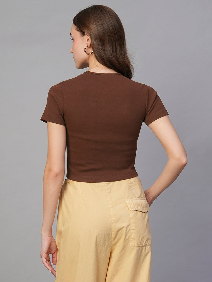 Pronk Ribbed Half Sleeve Crop Top - Cocoa