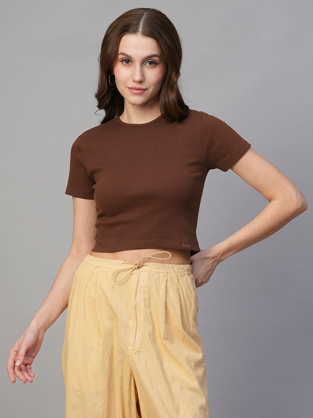 Pronk Ribbed Half Sleeve Crop Top - Cocoa