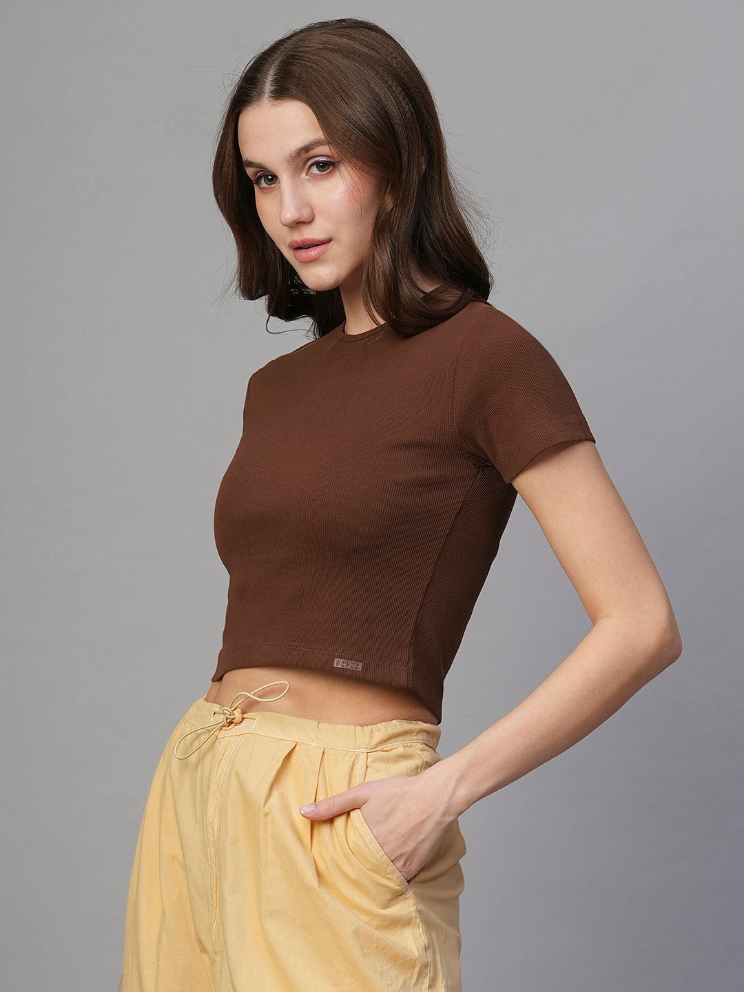 Pronk Ribbed Half Sleeve Crop Top - Cocoa