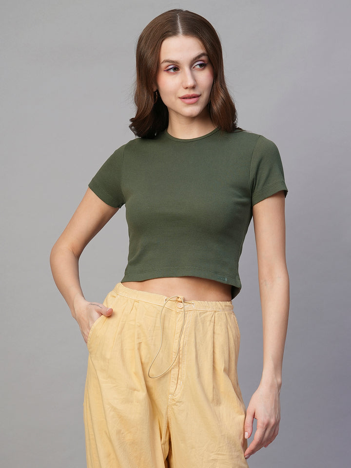 Pronk Ribbed Half Sleeve Crop Top - Olive Green