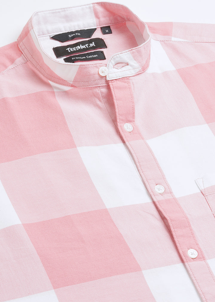 Pink Check Mandarin Collar Mens Full Sleeve Shirt