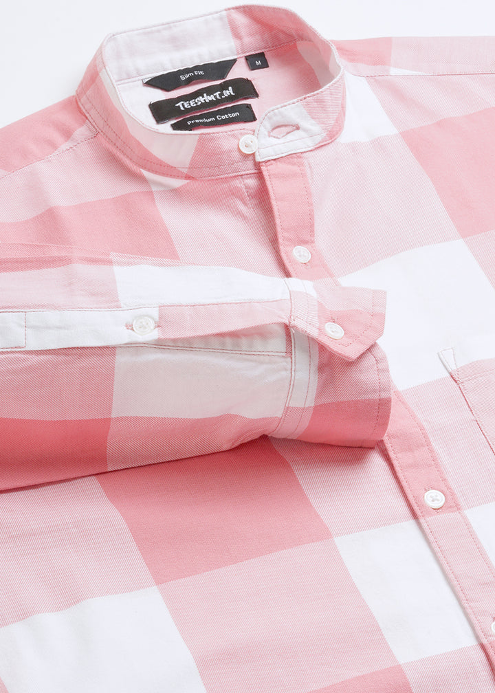 Pink Check Mandarin Collar Mens Full Sleeve Shirt