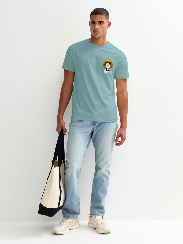 Luffy One Piece Men Regular Fit Mint Green Half Sleeve T-Shirt