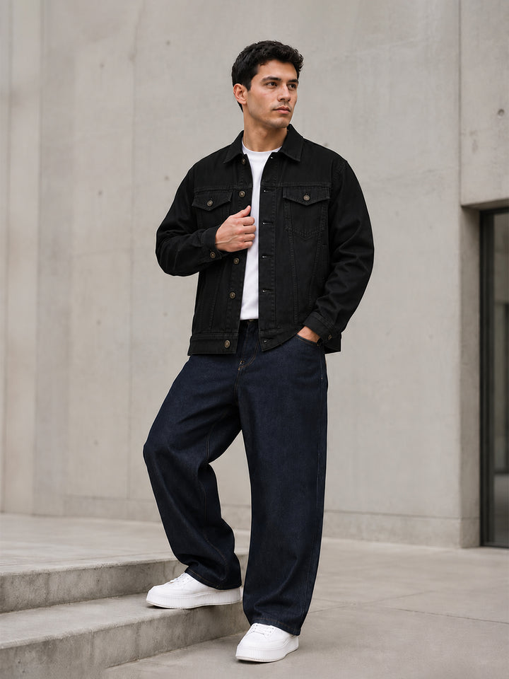 Men Black Regular Fit Full Sleeves Denim Jacket