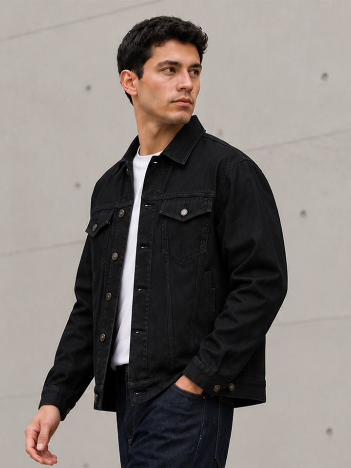 Men Black Regular Fit Full Sleeves Denim Jacket