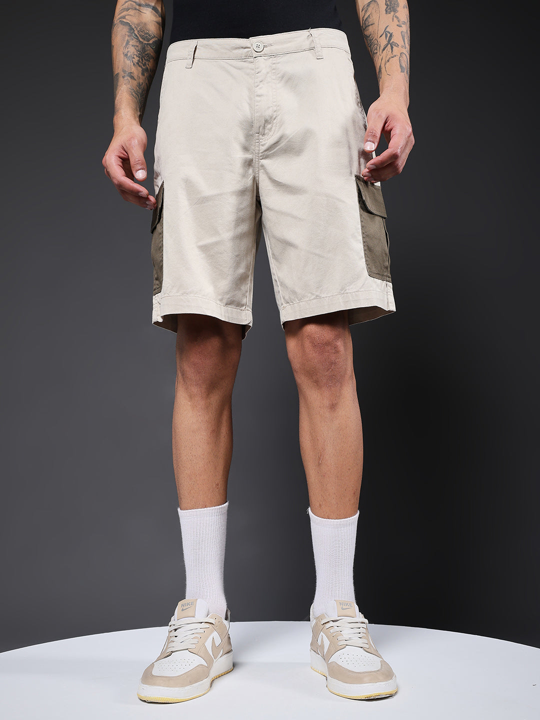 Men's Cotton Utility Cargo Shorts with Multi-Pockets – Beige