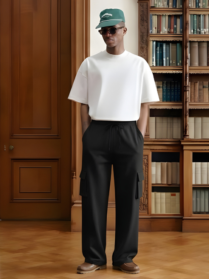 Men Premium Terry Cargo Pants - Black