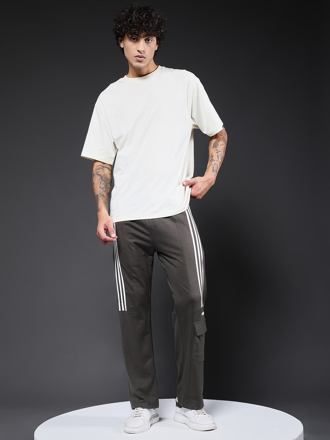 Men Premium Terry Cargo Pants with Side Stripes - Olive Green