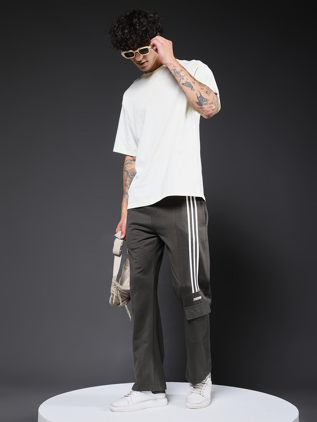 Men Premium Terry Cargo Pants with Side Stripes - Olive Green