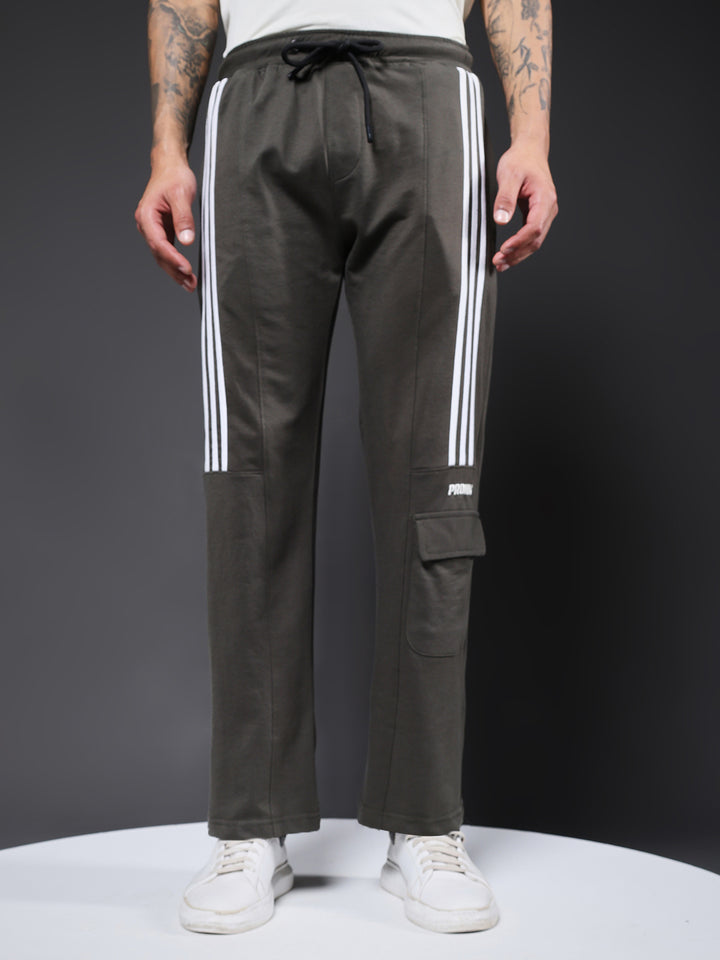 Men Premium Terry Cargo Pants with Side Stripes - Olive Green