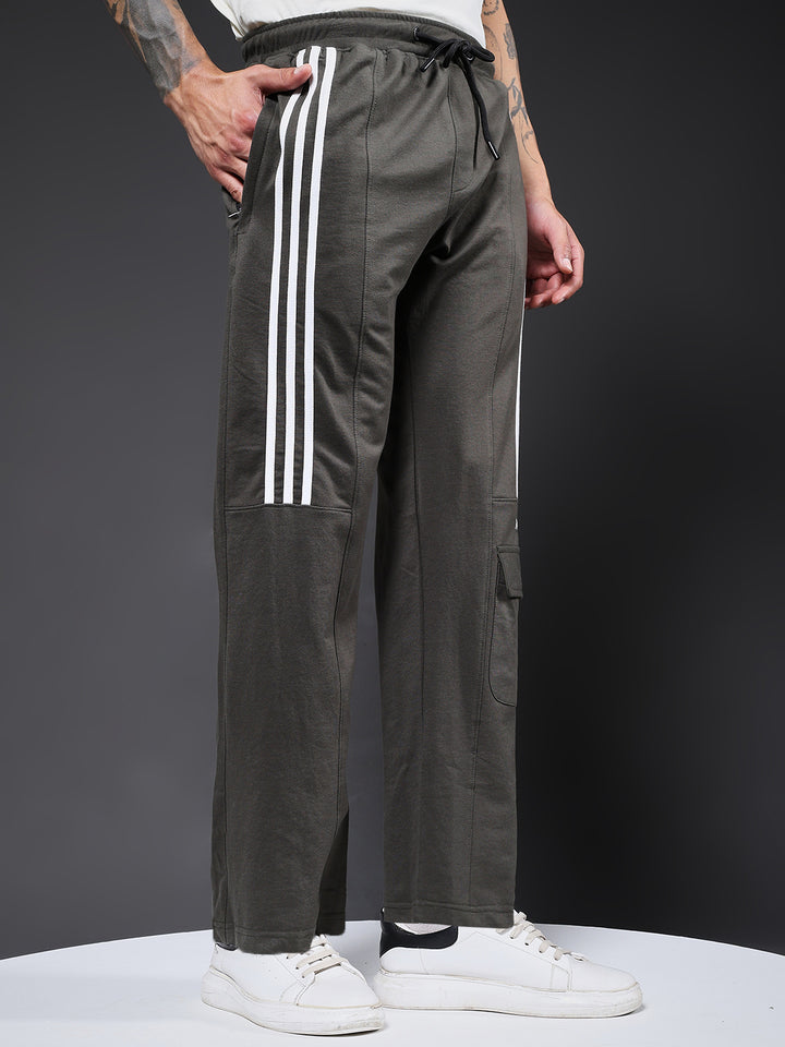 Men Premium Terry Cargo Pants with Side Stripes - Olive Green