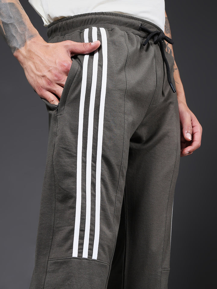 Men Premium Terry Cargo Pants with Side Stripes - Olive Green