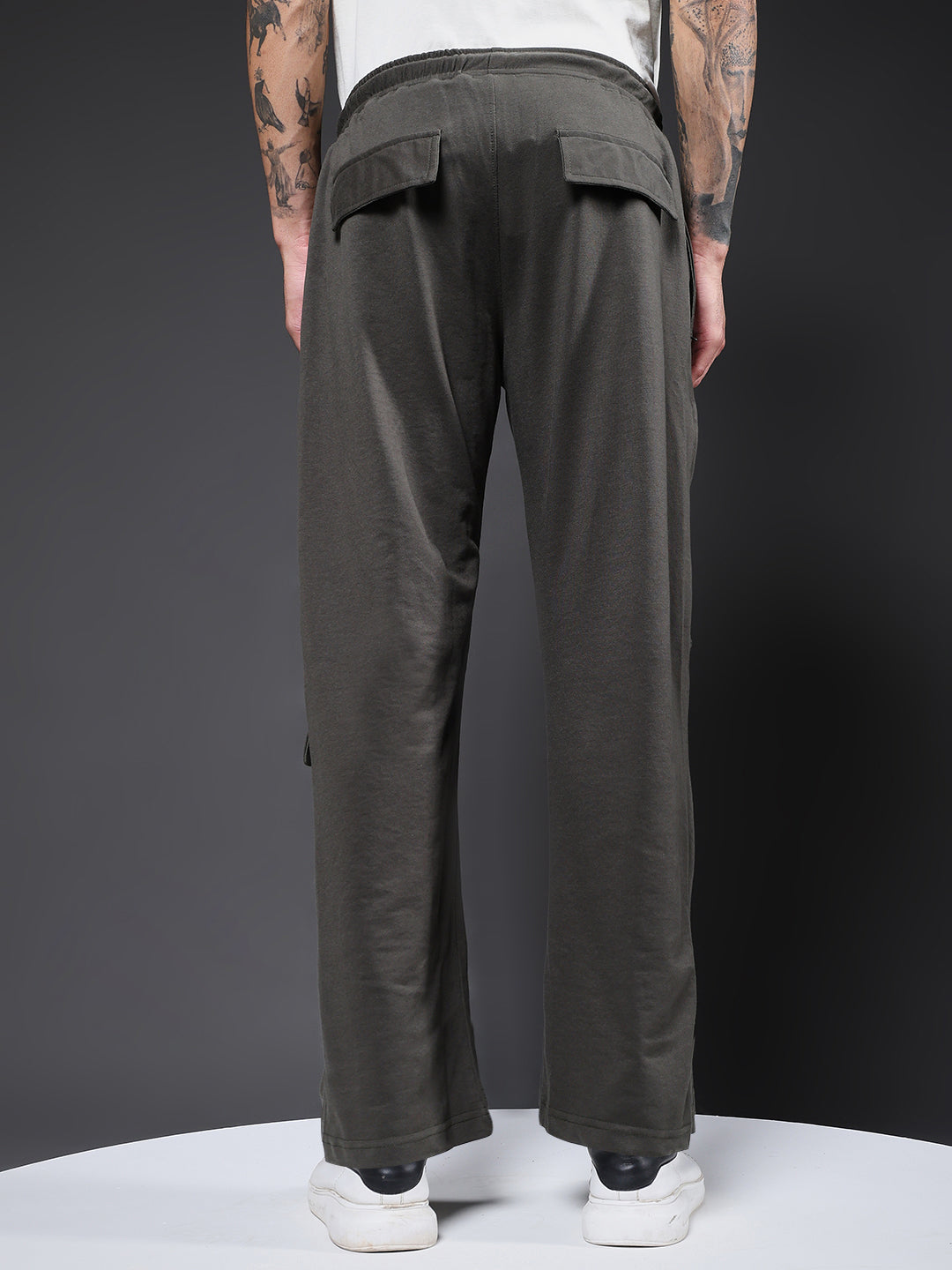 Men Premium Terry Cargo Pants with Side Stripes - Olive Green