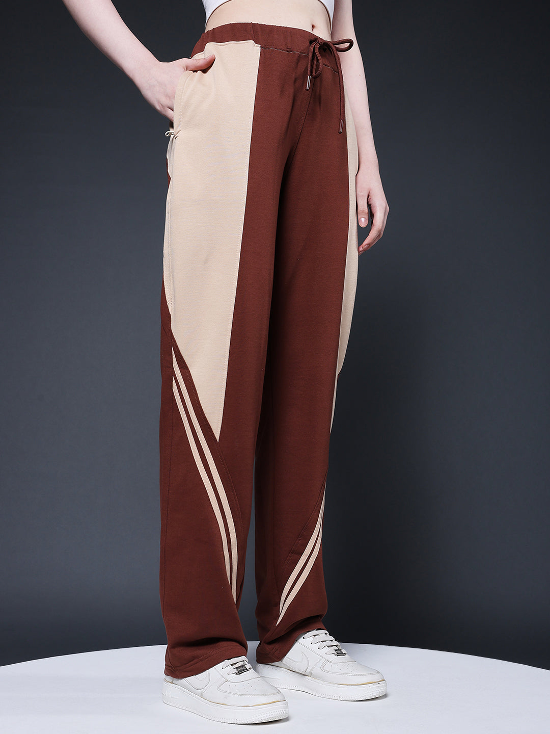 Women Colorblock Premium Terry Jogger with Side Stripes - Cocoa