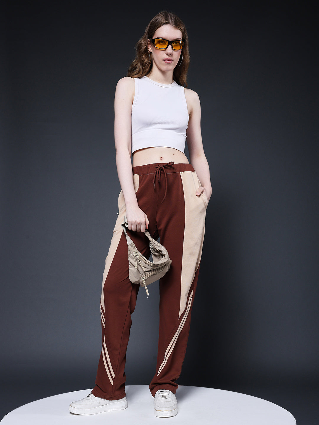 Women Colorblock Premium Terry Jogger with Side Stripes - Cocoa