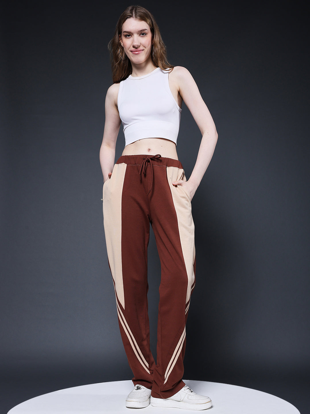 Women Colorblock Premium Terry Jogger with Side Stripes - Cocoa