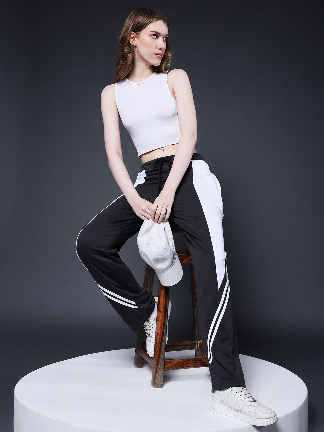 Women Colorblock Premium Terry Jogger with Side Stripes - Dark Grey