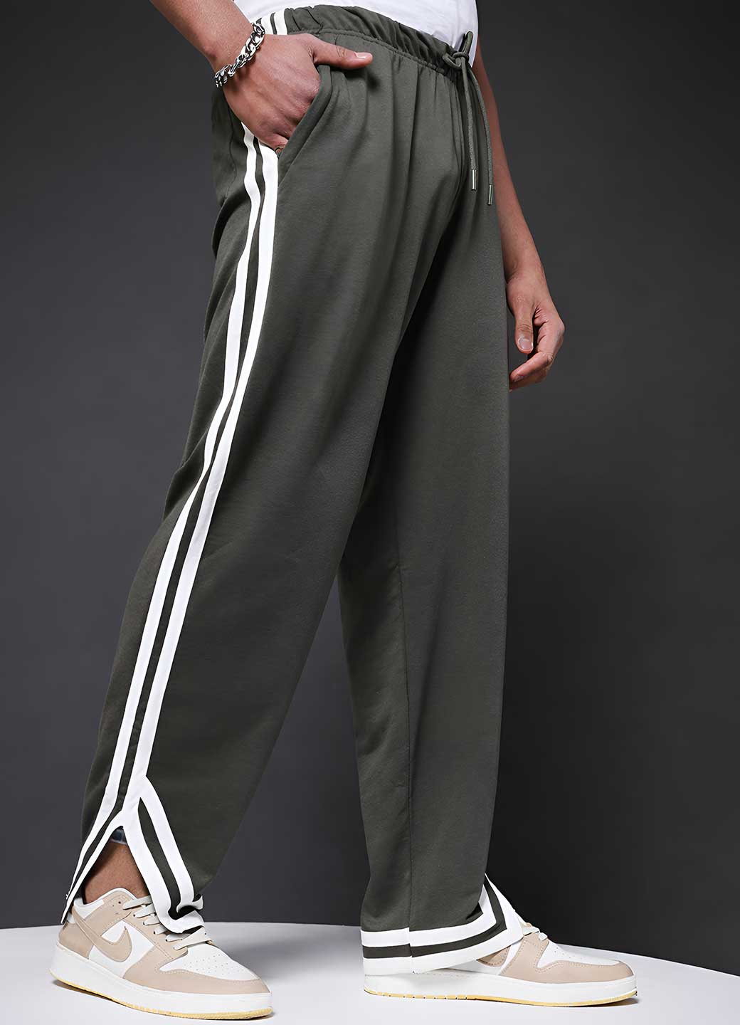 Men Premium Terry Jogger with Side Stripes - Olive Green