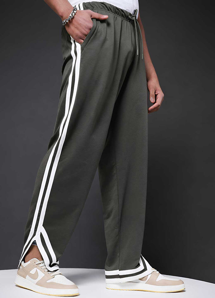 Men Premium Terry Jogger with Side Stripes - Olive Green