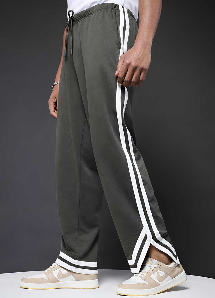 Men Premium Terry Jogger with Side Stripes - Olive Green