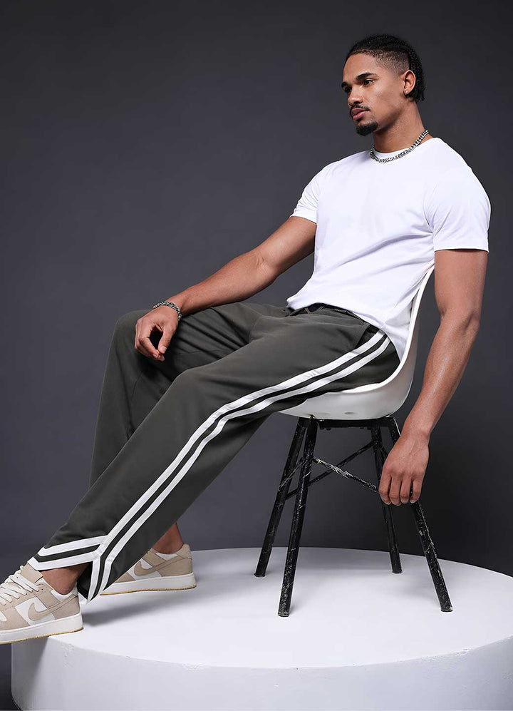 Men Premium Terry Jogger with Side Stripes - Olive Green