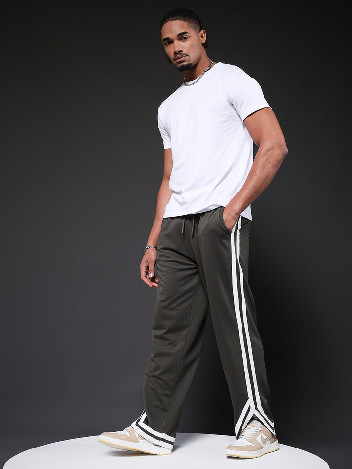 Men Premium Terry Jogger with Side Stripes - Olive Green