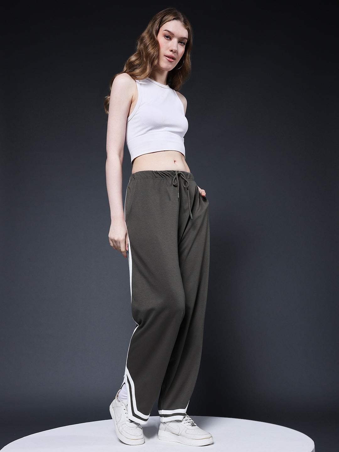 Women Premium Terry Jogger with Side Stripes - Olive Green