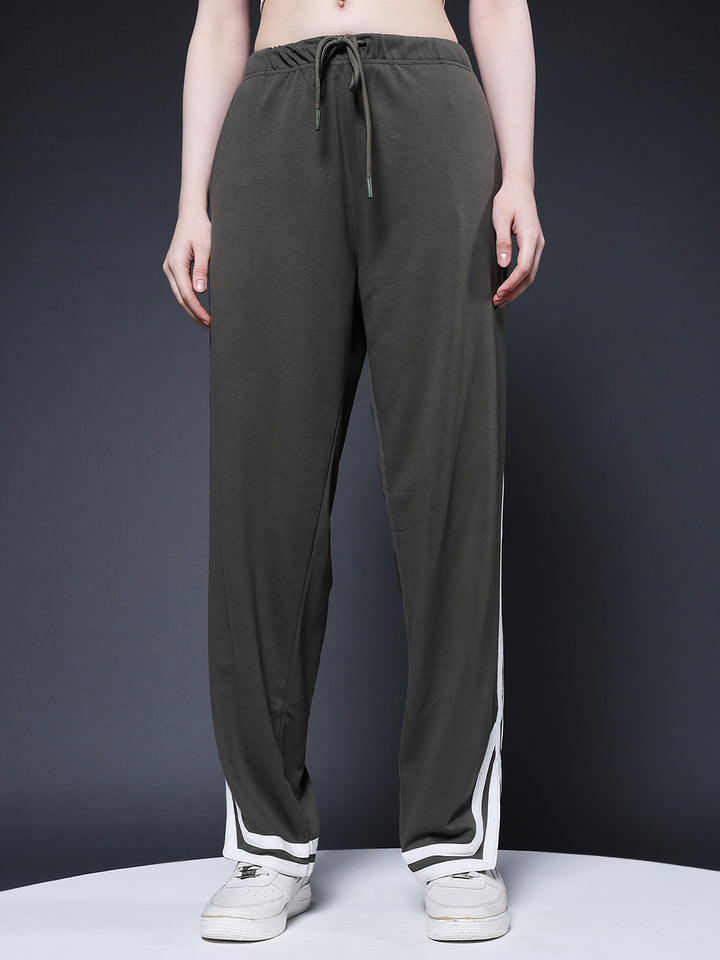 Women Premium Terry Jogger with Side Stripes - Olive Green