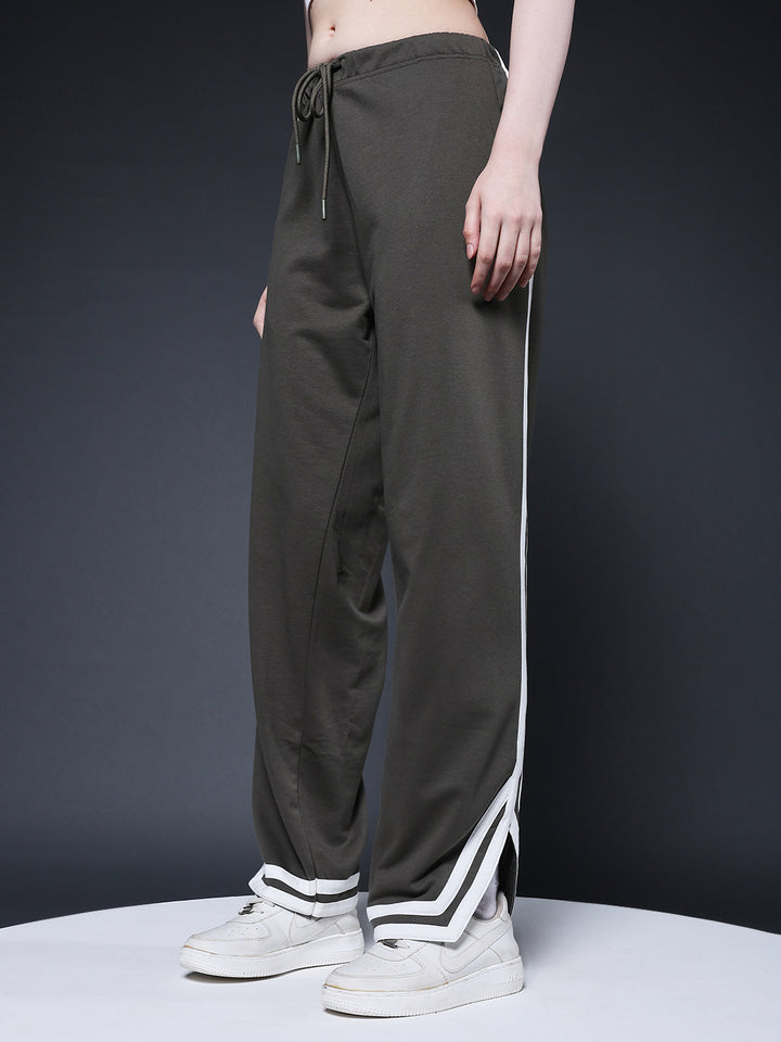 Women Premium Terry Jogger with Side Stripes - Olive Green