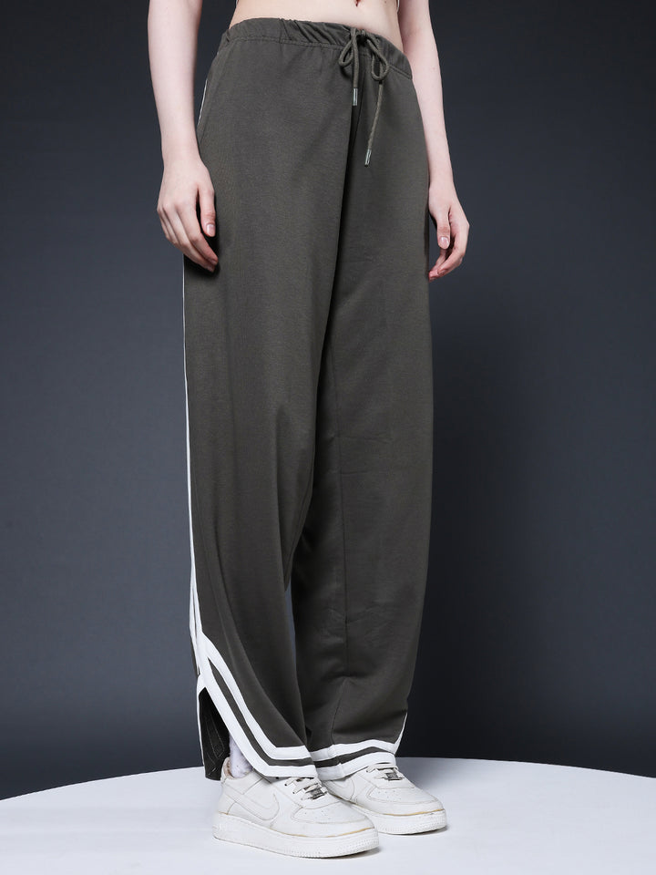 Women Premium Terry Jogger with Side Stripes - Olive Green