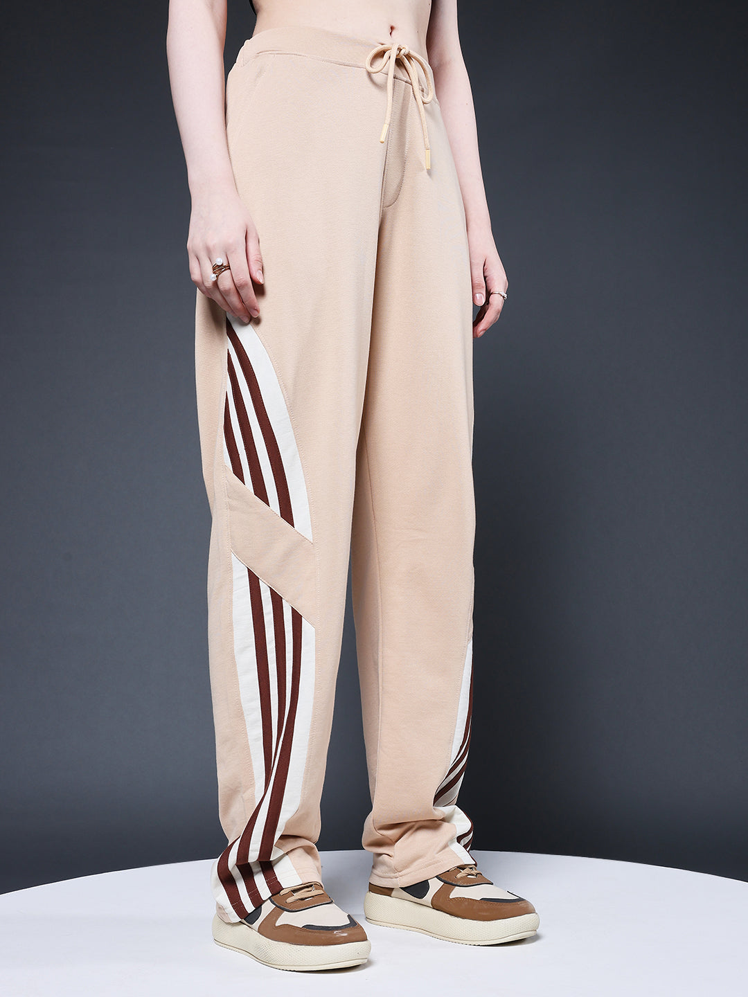 Women Premium Terry Jogger with Side Stripes - Beige
