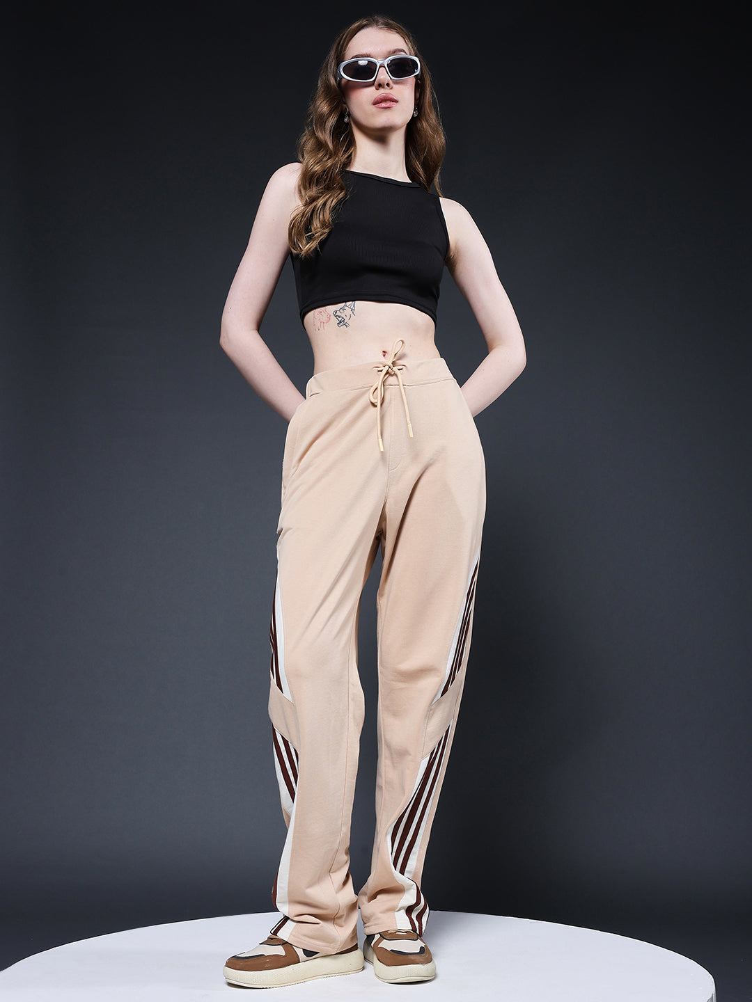 Women Premium Terry Jogger with Side Stripes - Beige