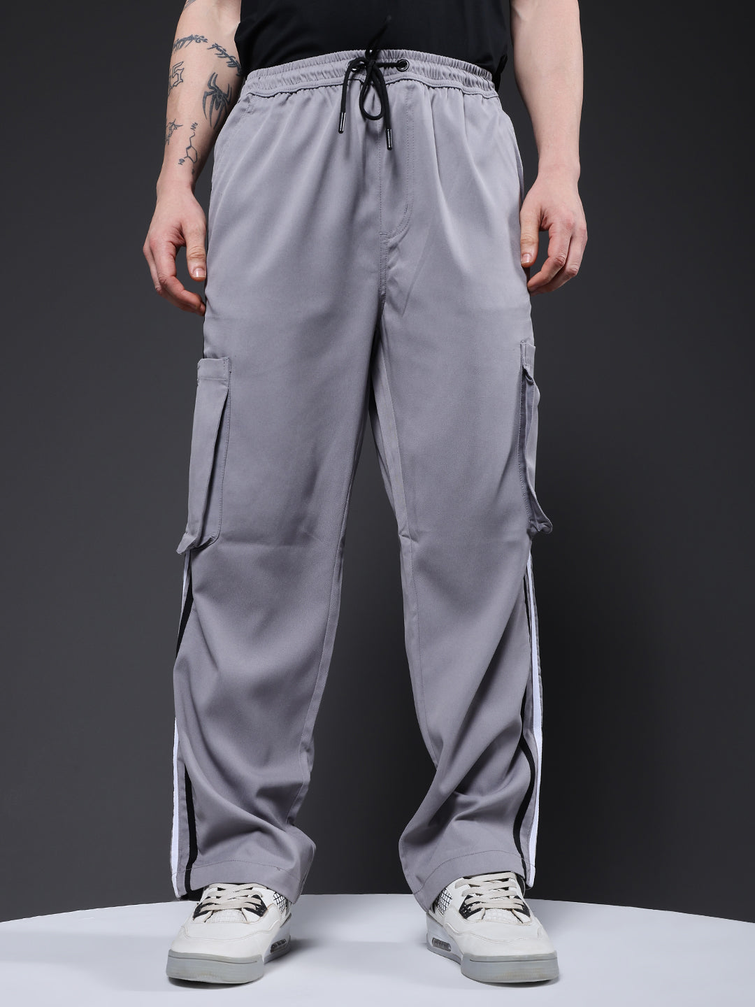 Men Striped Cargo Joggers - Ash Grey