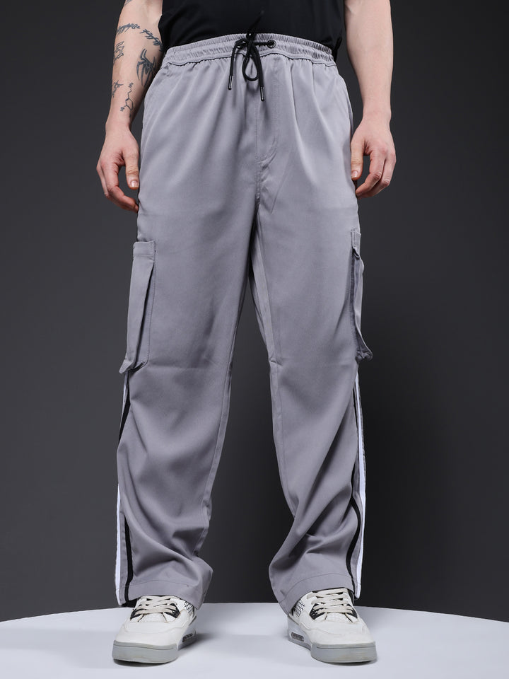 Men Striped Cargo Joggers - Ash Grey