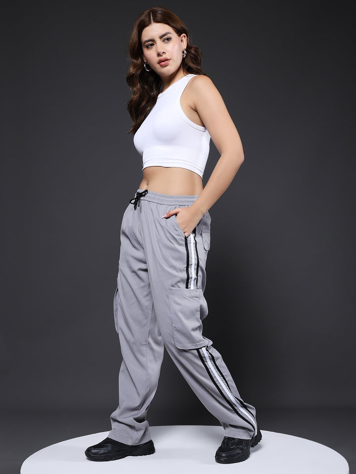 Women Striped Cargo Joggers - Ash Grey