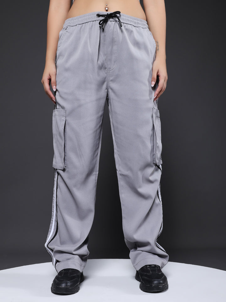 Women Striped Cargo Joggers - Ash Grey