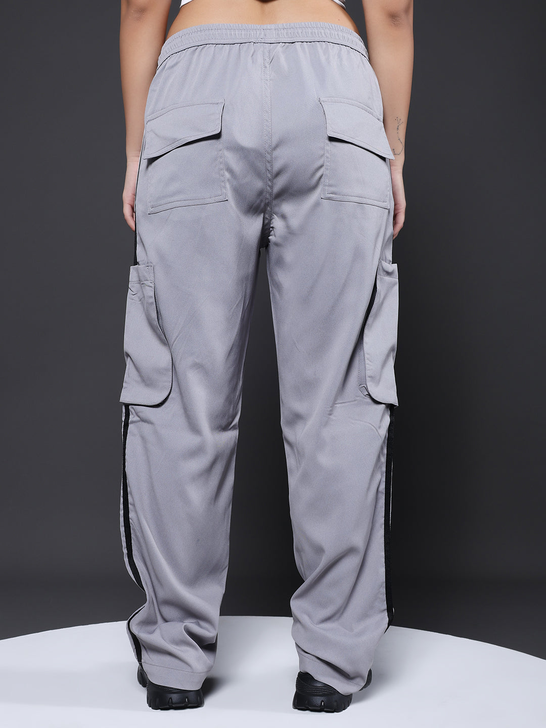 Women Striped Cargo Joggers - Ash Grey