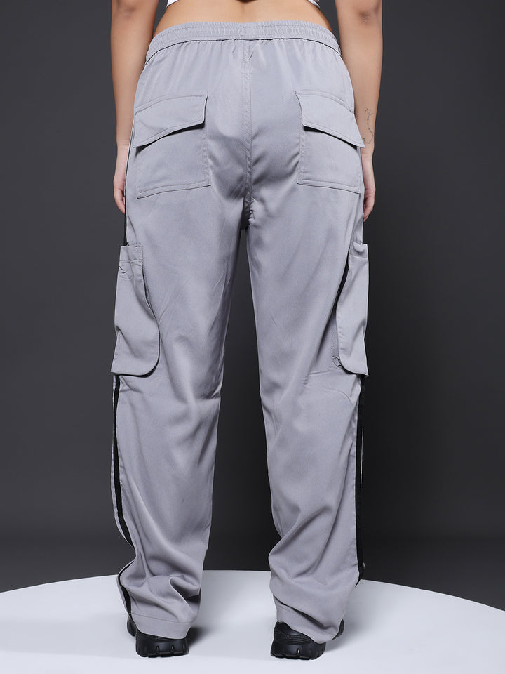 Women Striped Cargo Joggers - Ash Grey