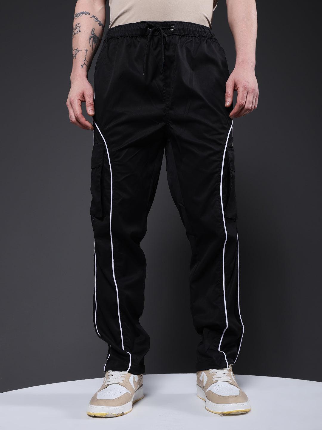 Men Striped Cargo Joggers - Black