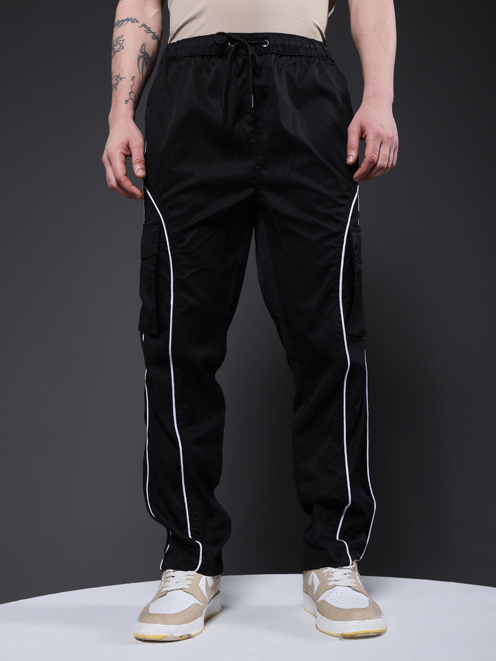 Men Striped Cargo Joggers - Black