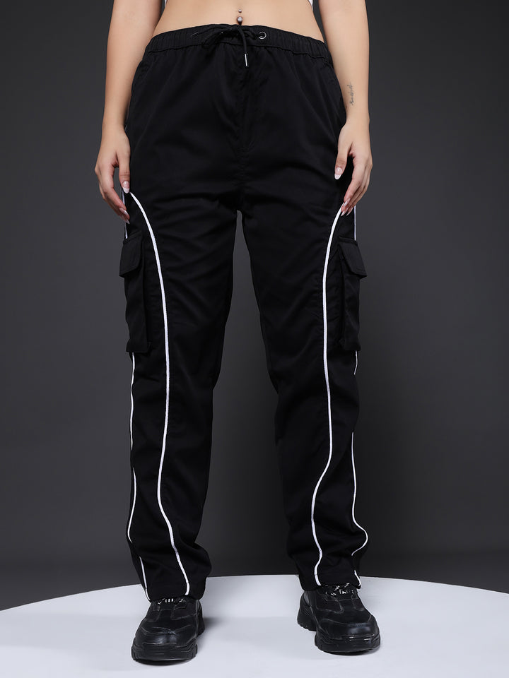 Women Striped Cargo Joggers - Black