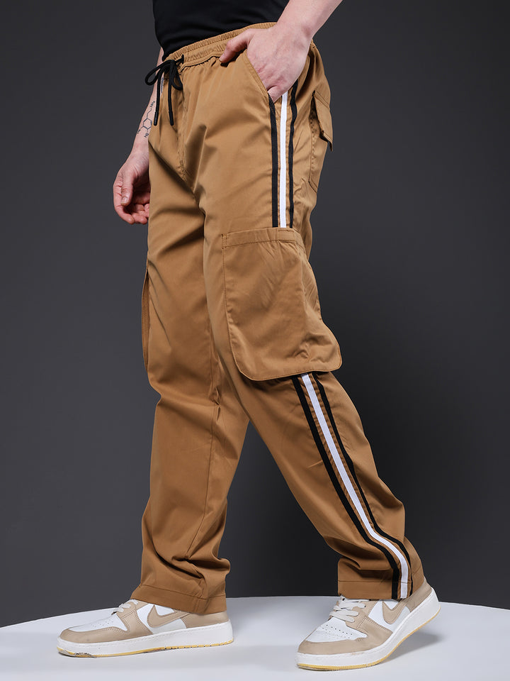 Men Striped Cargo Joggers - Khaki