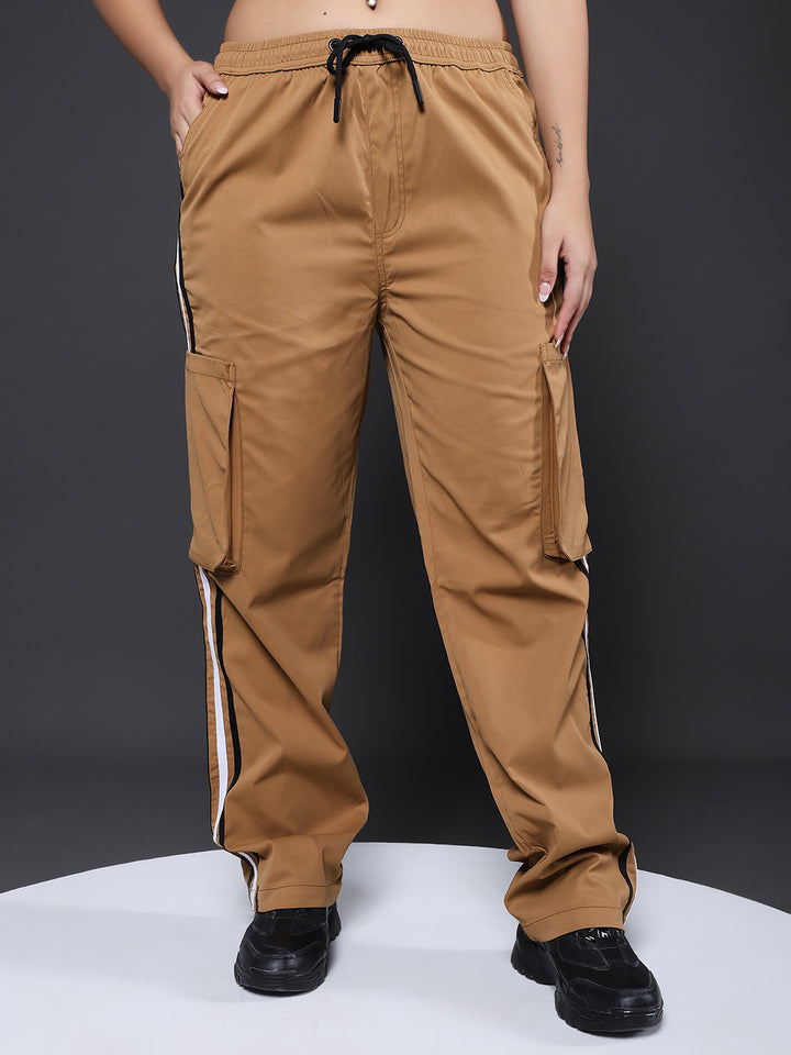 Women Striped Cargo Joggers - Khaki